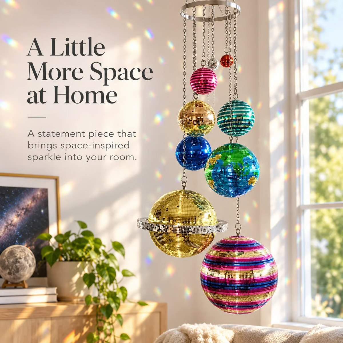 🌈 Solar System Disco Ball Hanging Mobile – Colorful Reflective Celestial Room Decor