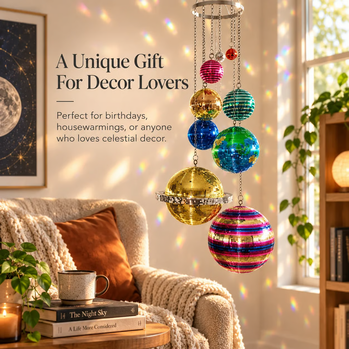 🌈 Solar System Disco Ball Hanging Mobile – Colorful Reflective Celestial Room Decor