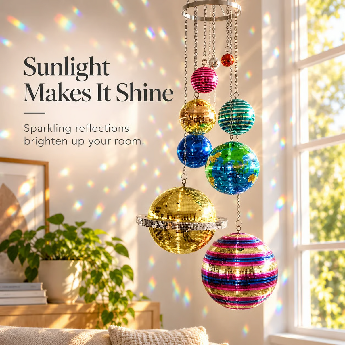 🌈 Solar System Disco Ball Hanging Mobile – Colorful Reflective Celestial Room Decor