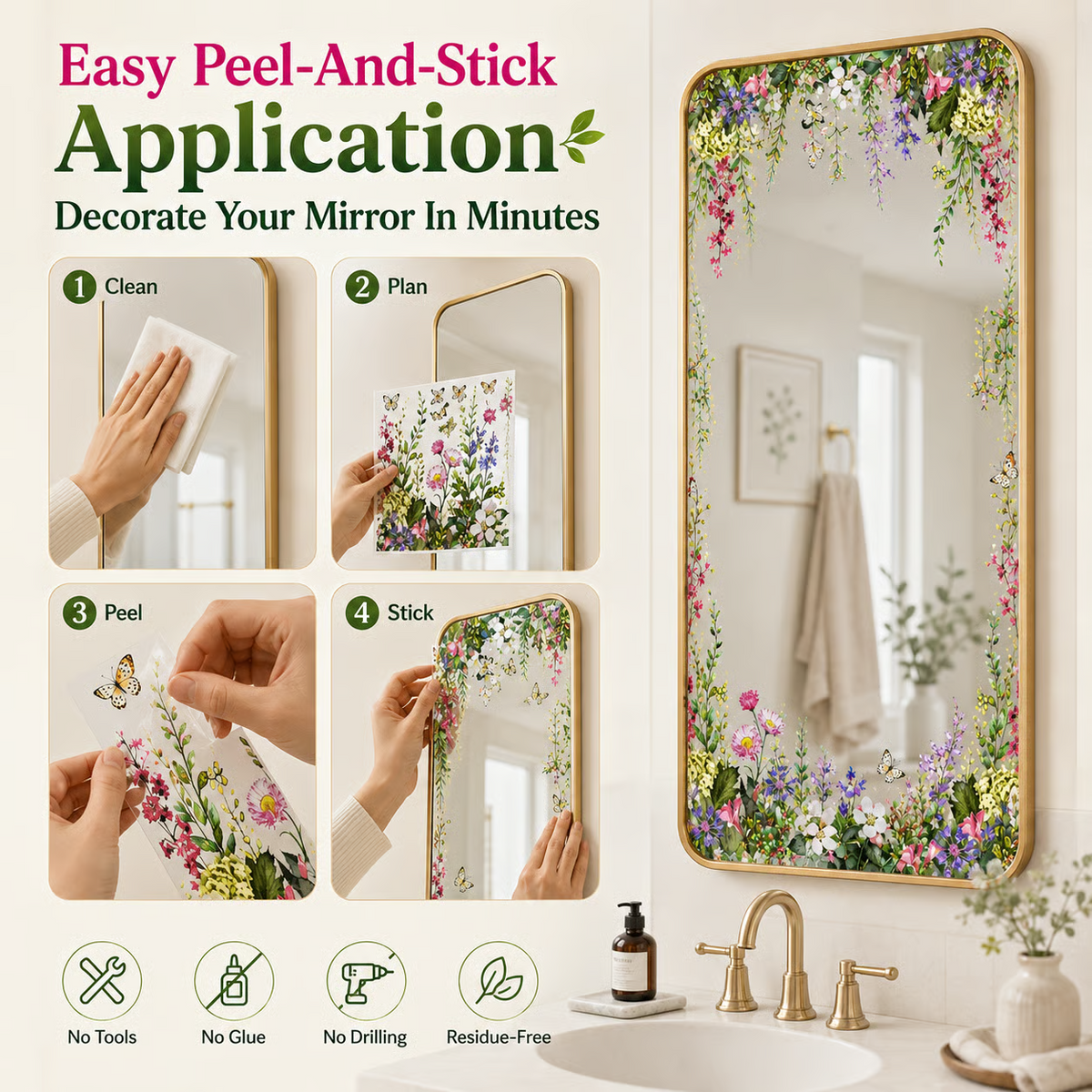 Floral Butterfly Mirror Decoration Stickers