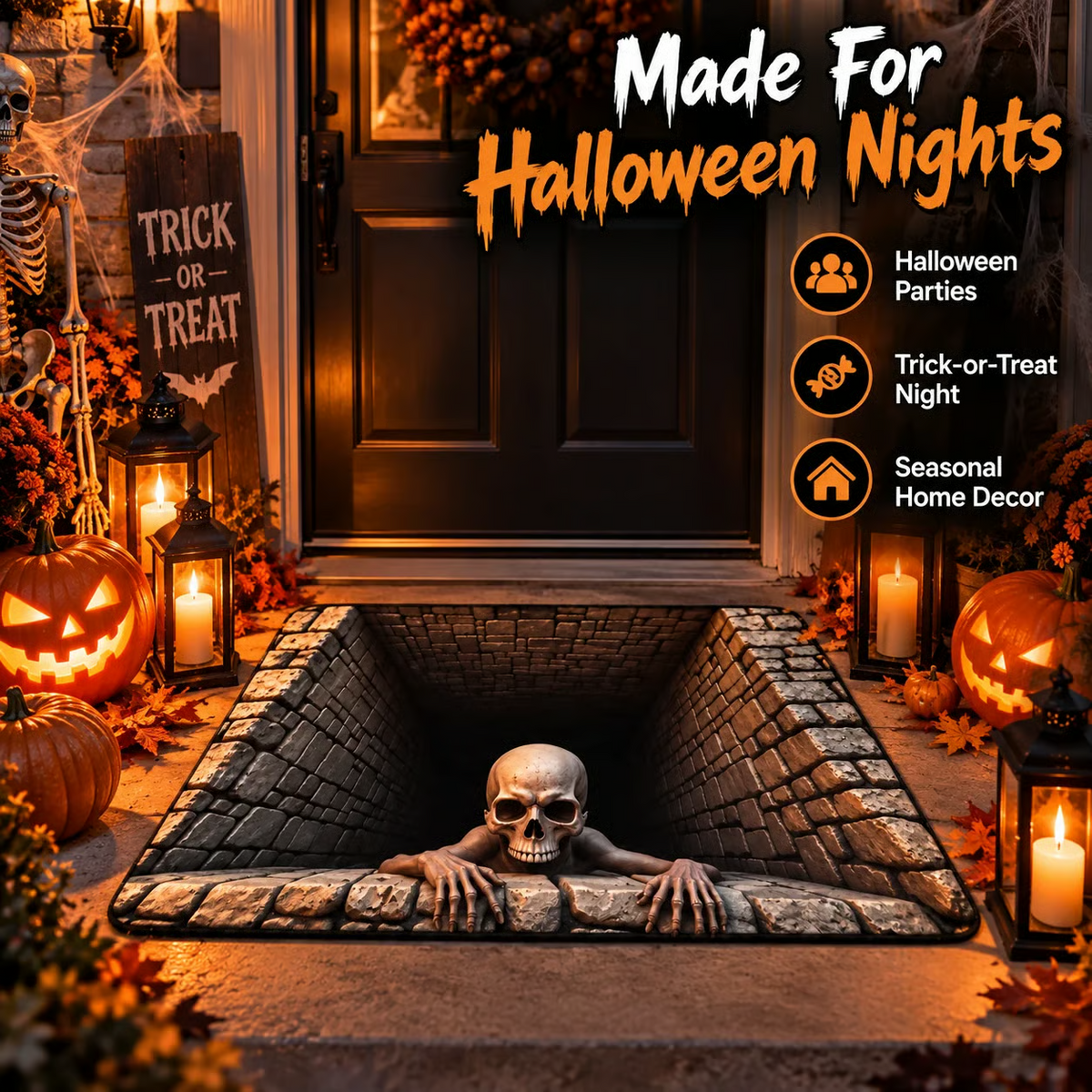 💀 3D Skull Trap Door Illusion Mat – Spooky Halloween Entrance Decor