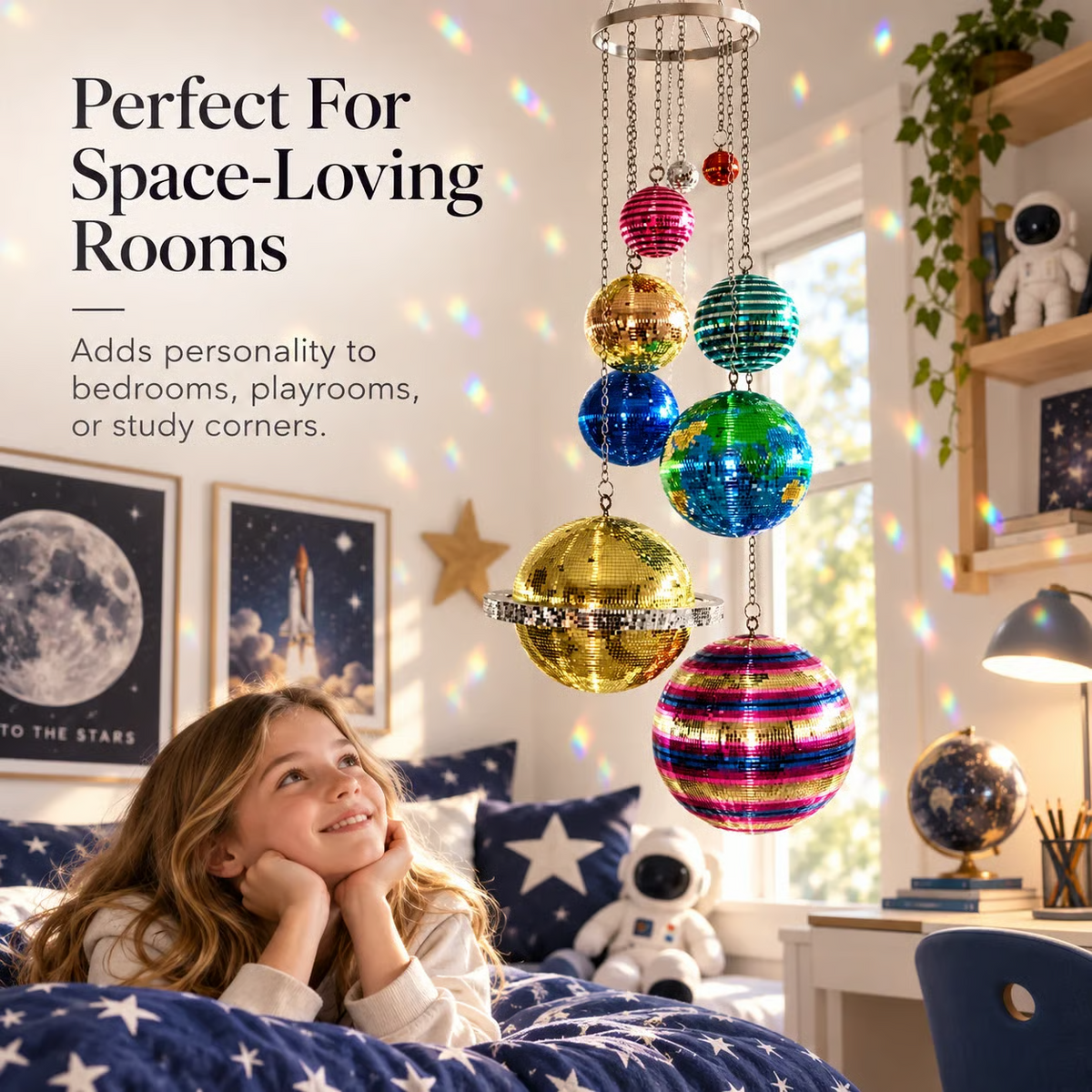 🌈 Solar System Disco Ball Hanging Mobile – Colorful Reflective Celestial Room Decor